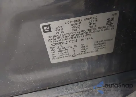 2016 Chevrolet Trax 1Ls из США, поврежденный, VIN 3GNCJNSB1GL176517